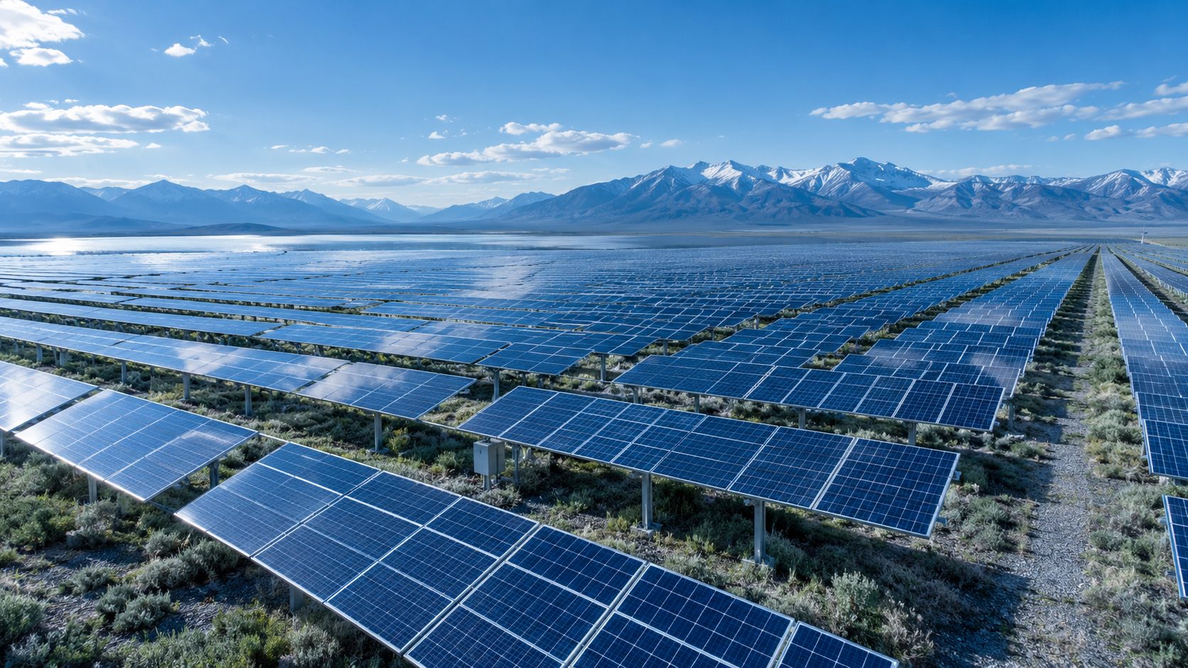 Usina solar com fileiras de painéis fotovoltaicos sob céu azul